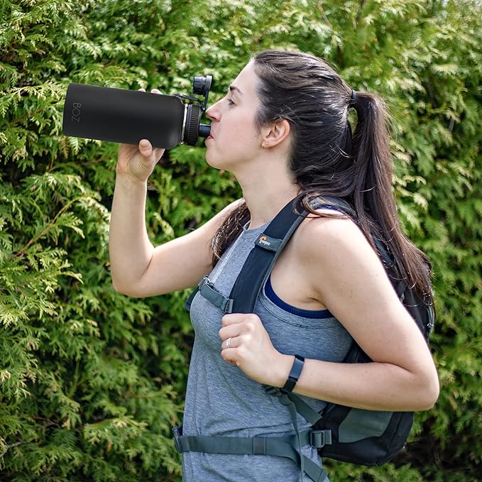 BOZ Stainless Steel Water Bottle XL (1 L / 32oz) Wide Mouth, BPA Free, Vacuum Double Wall Insulated (Matte Black)