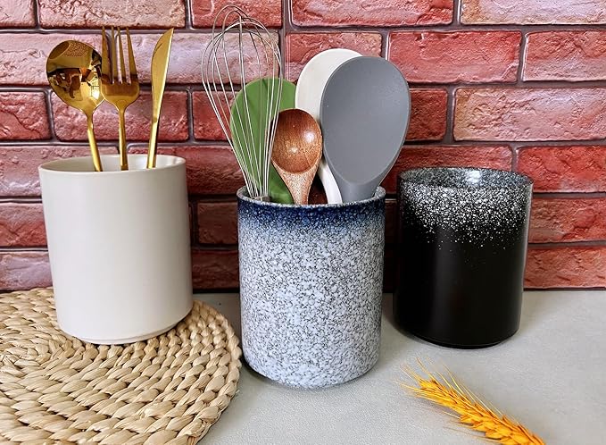Short Kitchen Utensil Holder for Kitchen Counter Cooking Utensil Holder for Countertop Spatula Holder Small Utensil Crock Cutlery Holder Silverware Caddy Flower Vase (Stone Blue)