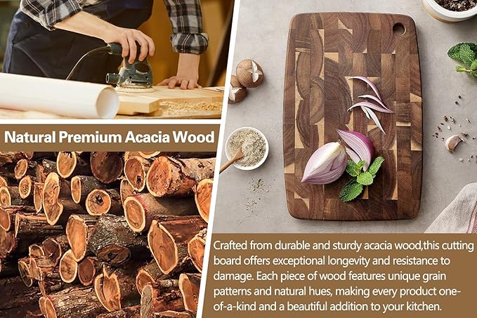 XINZUO Small Acacia Wood End-Grain Kitchen Cutting and Serving Board, for Kitchen, 14" x 9" Reversible Wooden Chopping Board for Meat, Cheese, Fruit & Vegetables,Easy to Clean(Rectangular)