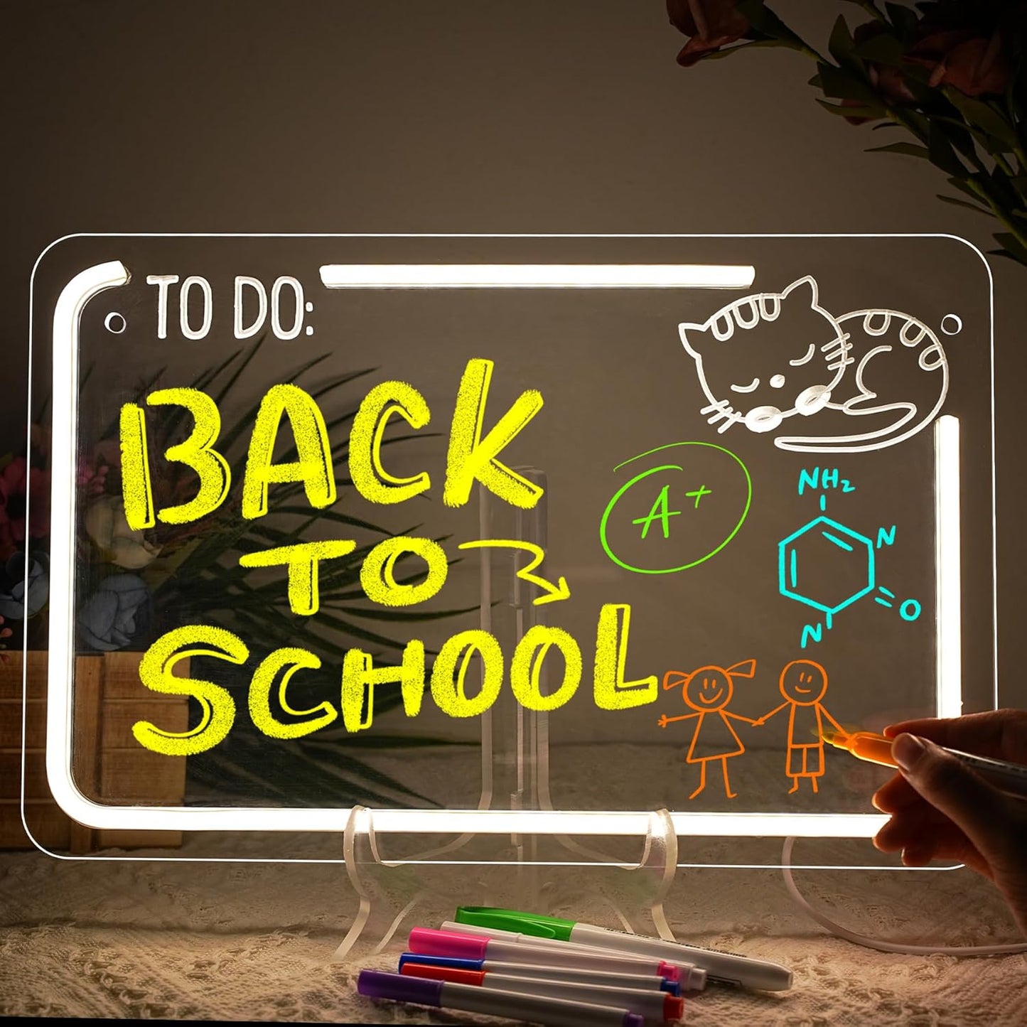 NOSUN CAT TO DO Kid LED Note Board 14.6*9.5” Acrylic Dry Erase Light Up Message Board with Chain and Stand, for Bar Salon Coffee Stores Club Hotel Kids With 7 Color Markers Glow Rewritable Memo Drawing Writing Board