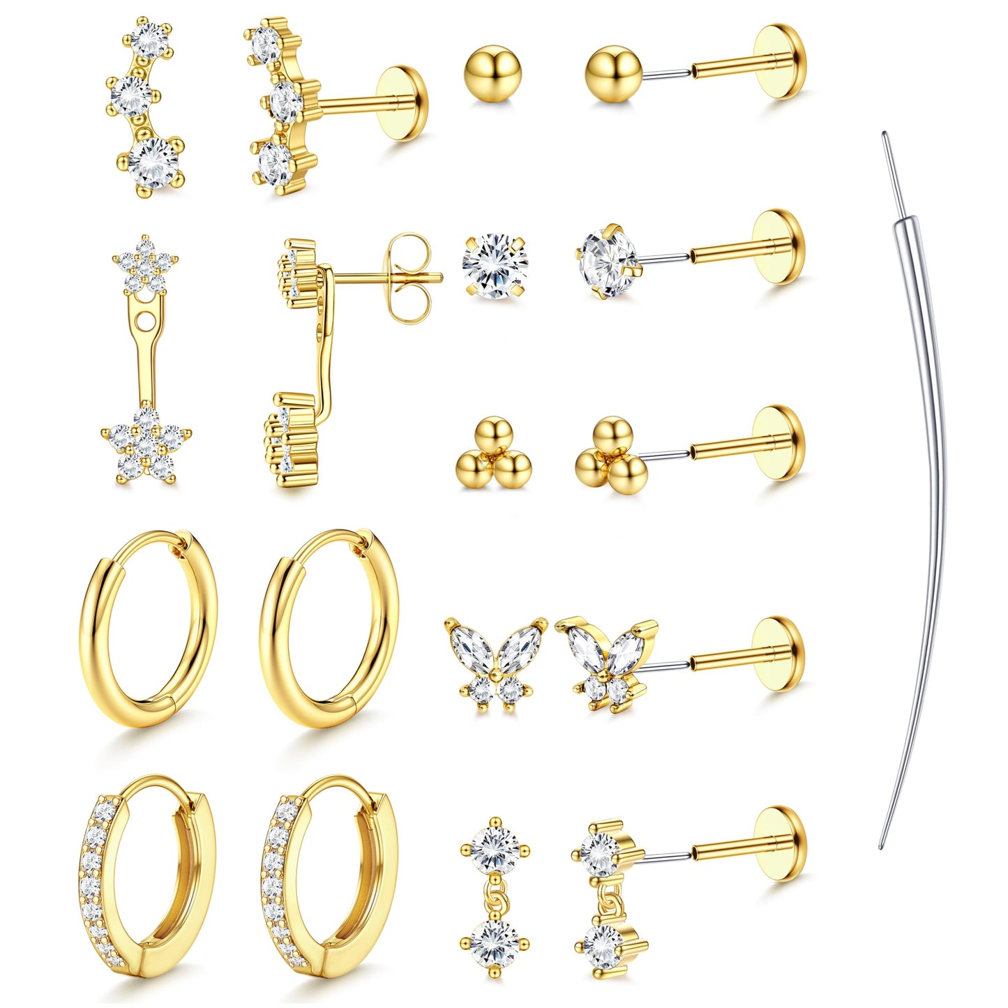 Besteel Threadless Flat Back Earrings Hypoallergenic - 9 Pairs 316L Surgical Steel Push in CZ Studs & Hoops Set for Women Men 14
