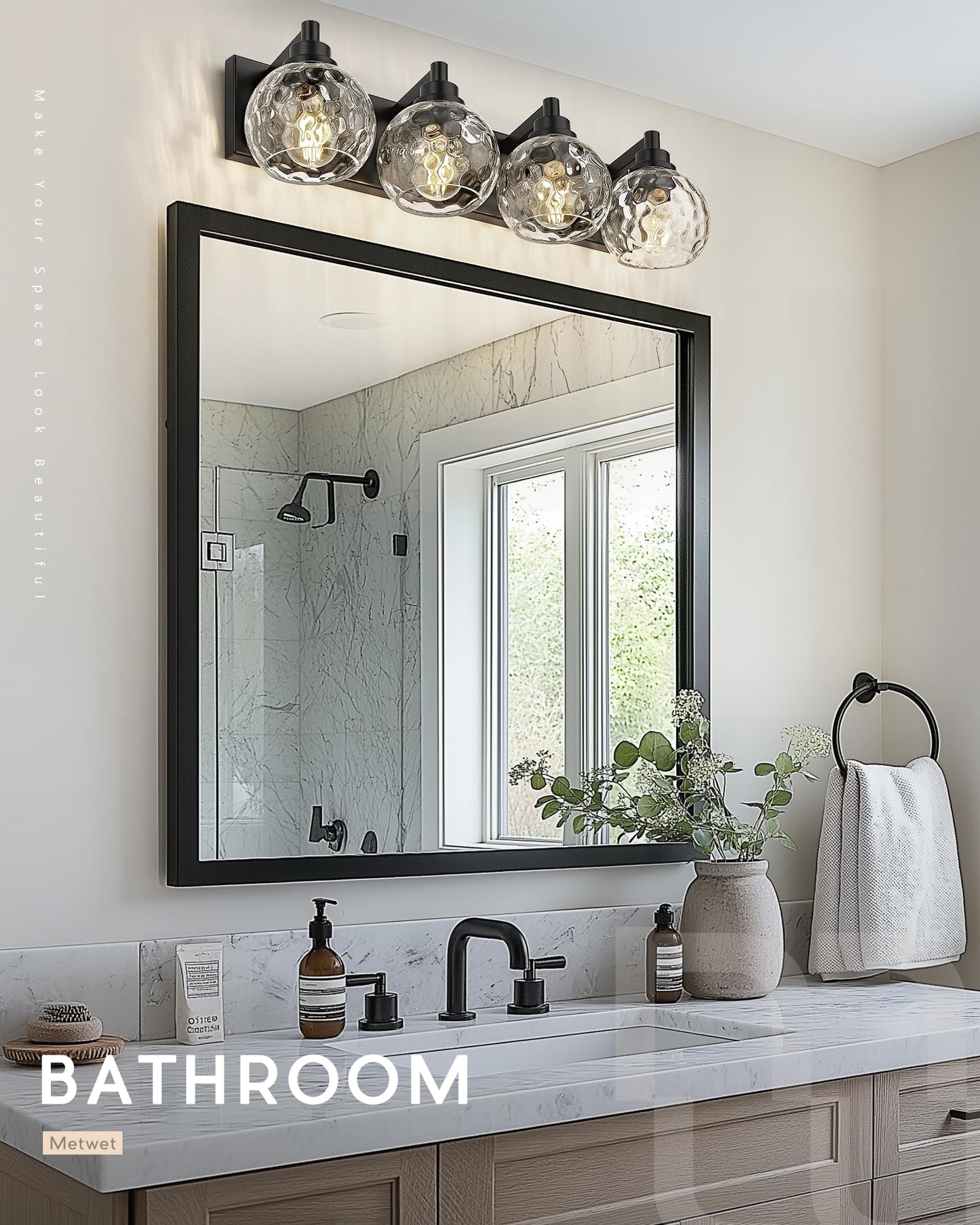 Metwet Bathroom Light Fixtures Over Mirror  26  Matte Black Vanity Light With Clear Hammered Glass Globe Shade  4-Light Modern Sconces Wall Lighting For Bedroom Hallway  Vl200-Mb-Cl-4