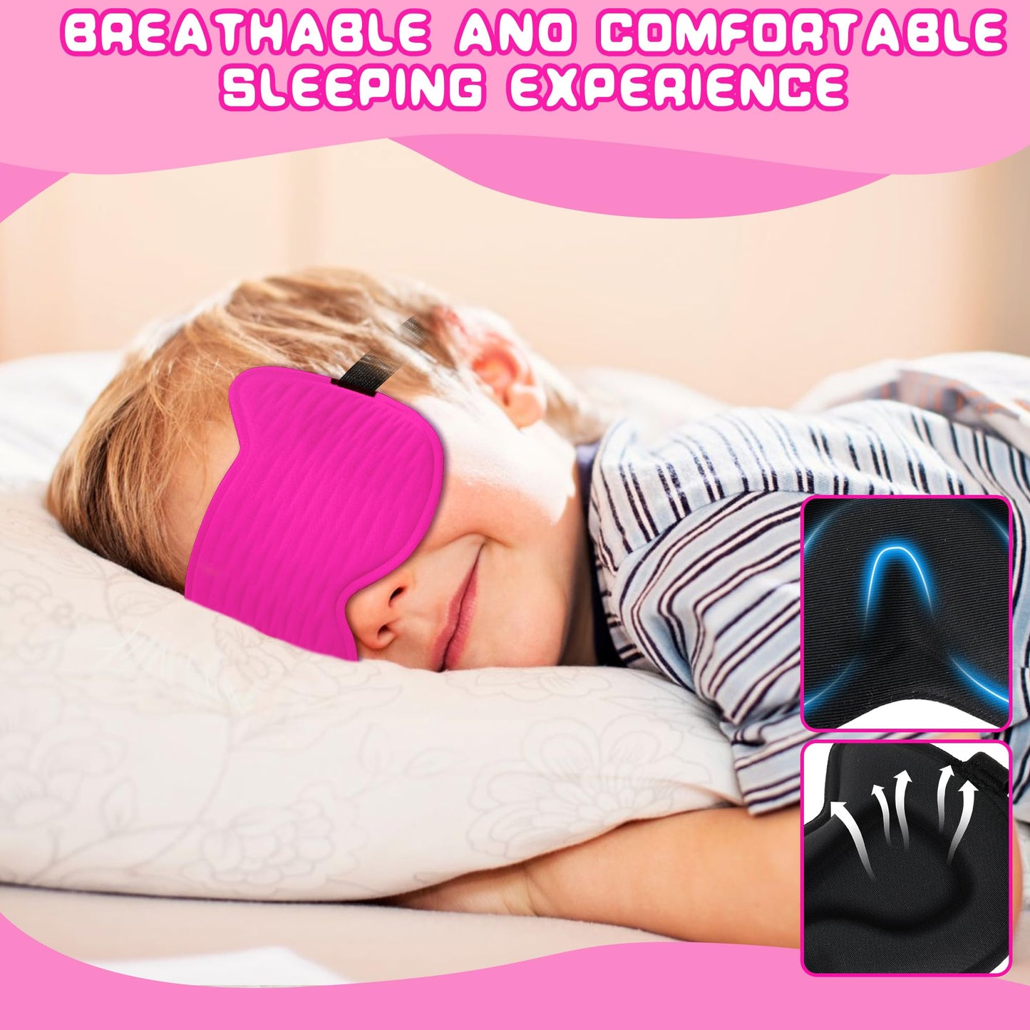 Kids Sleep Mask Eye Mask: 3D Contoured Cup Sleeping Masks, Blindfold with Adjustable Strap, Kids Eye Cover for Boys, Girls, Teens, Pressure-Free with Memory Foam Face Mask for Sleeping (Rose Red)