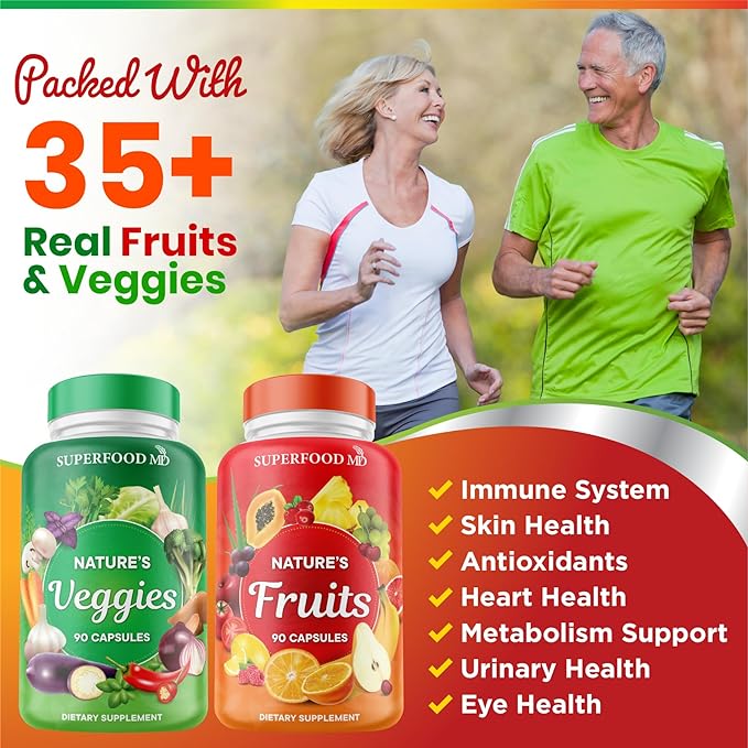 Superfood 180 Fruit and 180 Veggie Capsules - Whole Food Natural Superfoods - Maintain Energy Levels, with Aloe Vera - Soy Free (90 Count (Pack of 4)