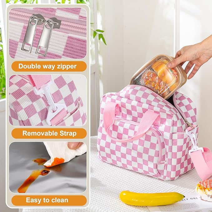 Large Lunch Bag for Women Insulated Lunch Box Reusable Cooler Bag Portable Cute Corduroy Leakproof Tote Bags for Travel, Work, and Picnic, Pink and White