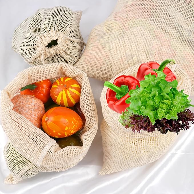 8 Pack 2XL Reusable Produce Bags, Mesh Produce Bags, Reusable Vegetable Produce Bags Cotton Washable for Grocery Fruits and Vegetable Shopping, Transporting Storing
