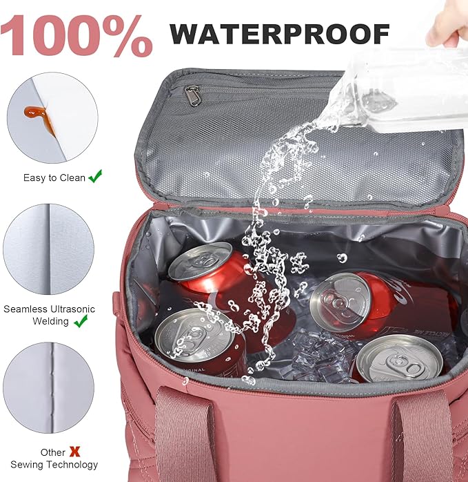 NOL Natural Organic Lifestyle Women's Nylon Lunch Cooler Cute Quilted Lunch Bag Large Leakproof Insulated Lunch Tote Bag for Work Picnic Travel,Dark Pink