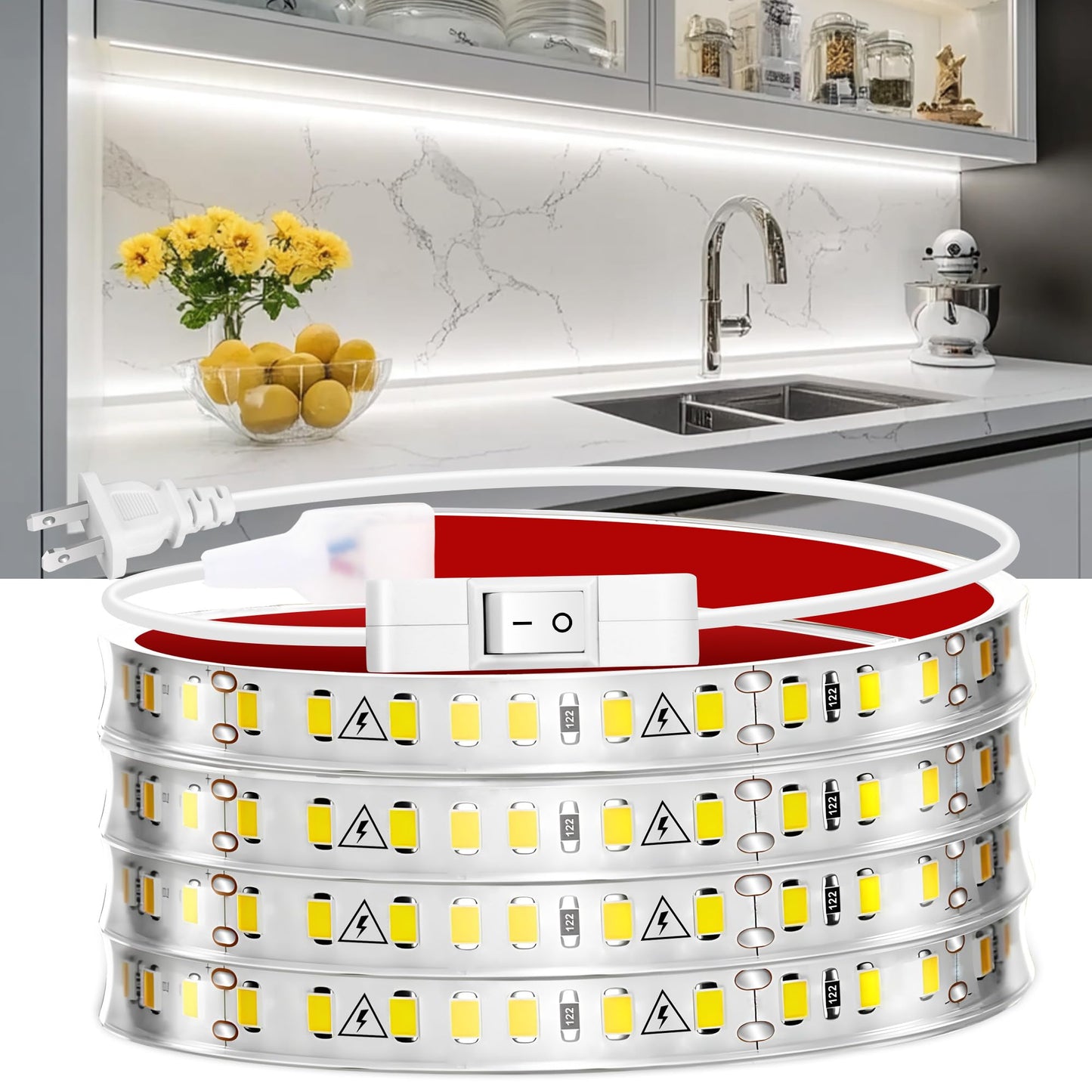 maylit Under Cabinet Strip Lighting Plug in 96in, Ultra Bright Small LED Light Bar, 6000K Cool White, 110V-120V Wired Lights for Kitchen Cabinet, Counter, Workbench, Desk, Closet, Shelf, Indoor