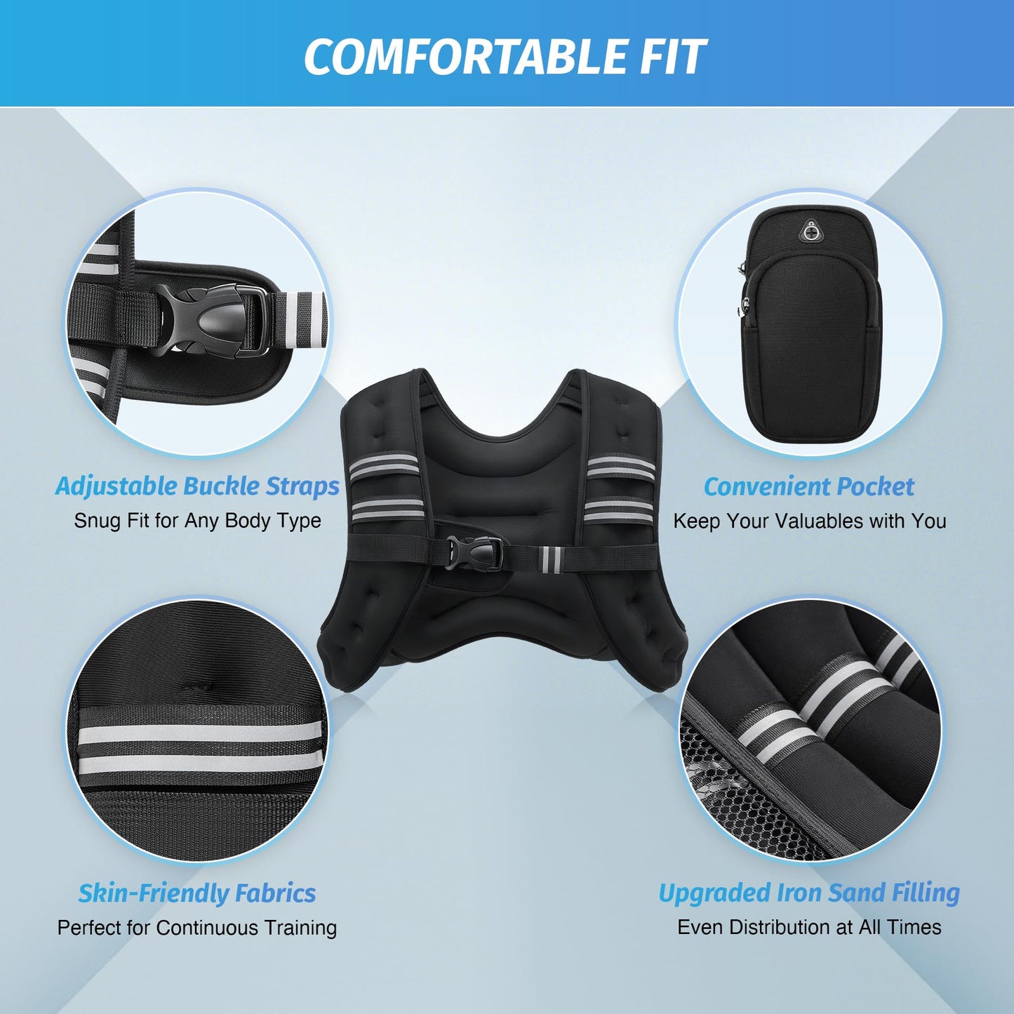 ZELUS Weighted Vest, 6lb/8lb/12lb/16lb/20lb/25lb/30lb Weight Vest with Reflective Stripe for Workout, Strength Training, Running, Fitness, Muscle Building, Weight Loss, Weightlifting, Black(8 lb)