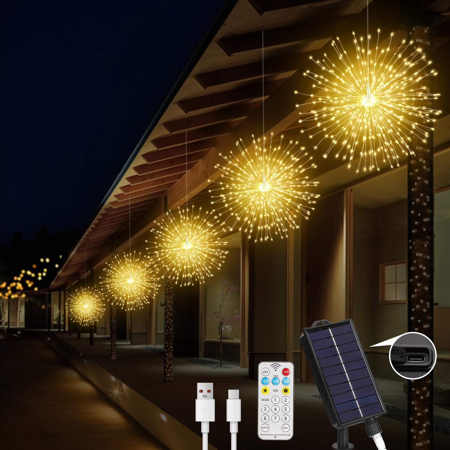 Solar Christmas Firework Lights Outdoor  5 Pack 1000Led Solar Starburst Lights With Remote  8 Modes Dimmable Waterproof Hanging Fairy Lights For Garden  Patio  Holiday Christmas Decor (Warm White)
