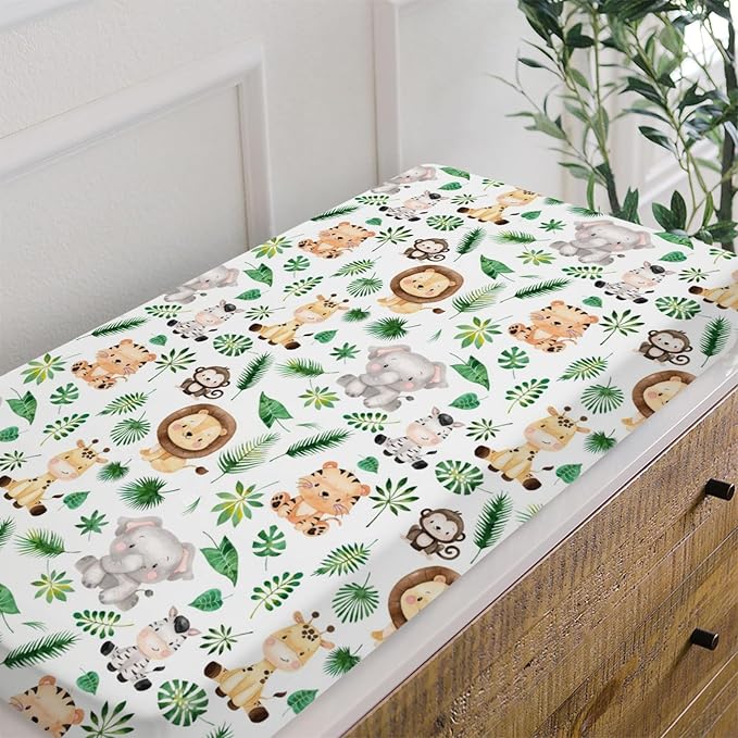 HawSkgFub African Safari Jungle Animal Eucalyptus Leaf Changing Pad Cover Baby Girl Boy, Giraffe Elephant Lion Palm Leaf Diaper Change Table Sheet, Stretchy Safe Snug Fitted Changing Mat 32"/34" x 16"