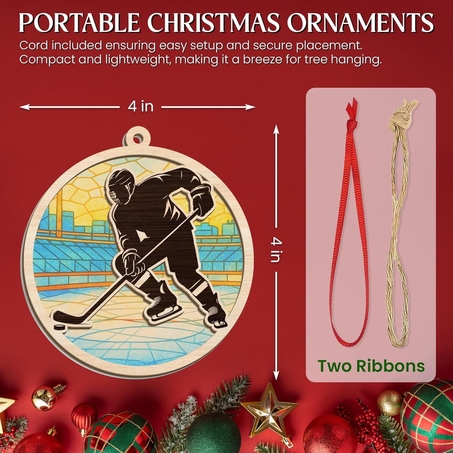 FLAGWIX Hockey Christmas Ornaments - Suncatcher Christmas Ornaments 2025 for Tree Decorations - Ice Hockey Gifts for Boys 8-12, Sports Gifts for Boys 8-12 Mom Dad Friends Coach