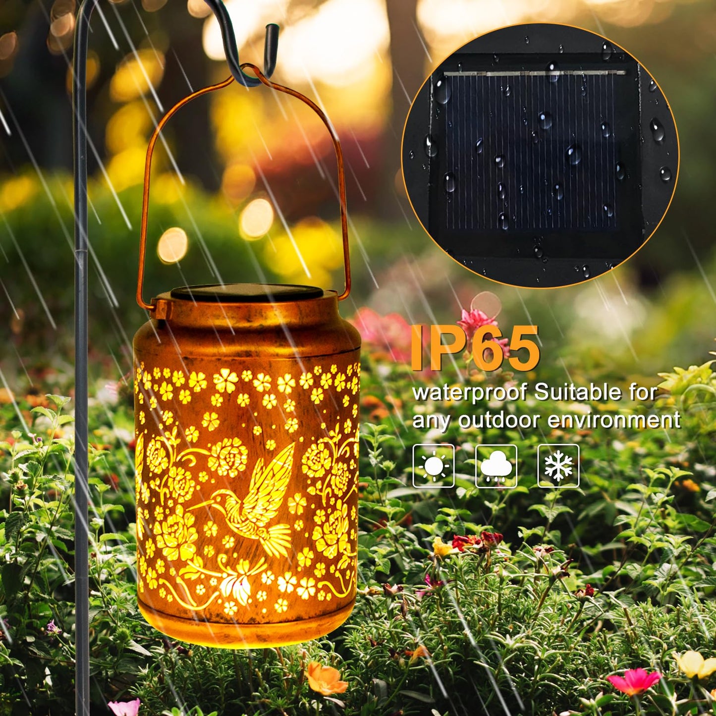 YISITEONE Hummingbird Solar Lantern, Waterproof Metal Hanging Light, Brown, Model ES04250100000, for Garden, Patio, Yard, Front Porch