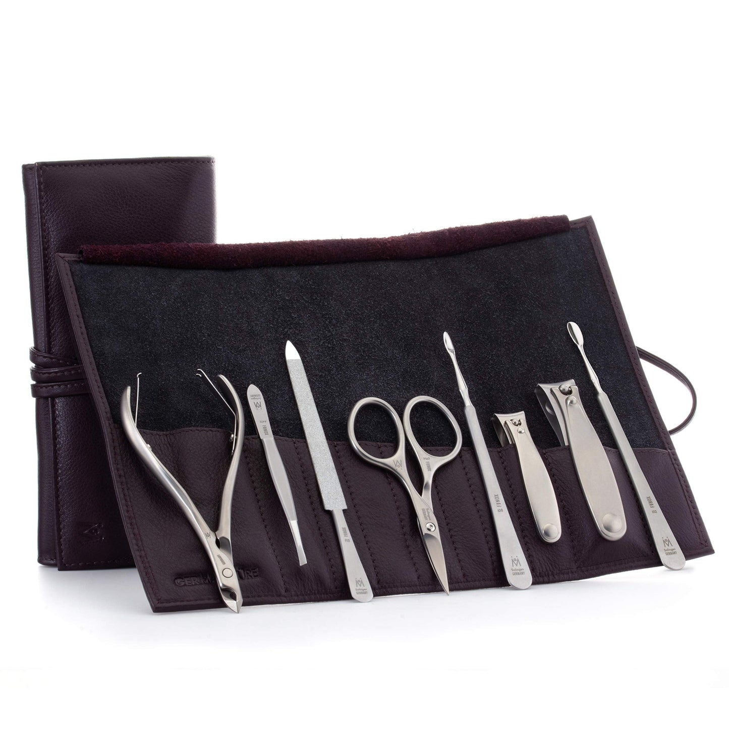 GERMANIKURE 8pc Manicure & Pedicure Set in Dark Purple Leather Case - Made in Germany, FINOX Stainless Steel Tools - Professiona