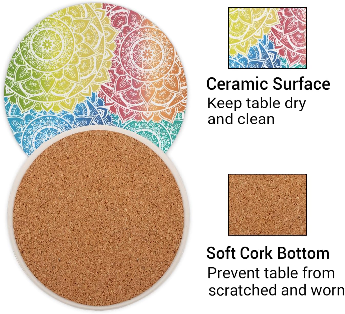 Ceramic Coasters for Drinks with Cork Back, Colorful Mandala Harmony 4 Inch Absorbent Coaster Set 1 Pack, Quick Dry Non-Slip Coaster Mats for Home, Office, Bar