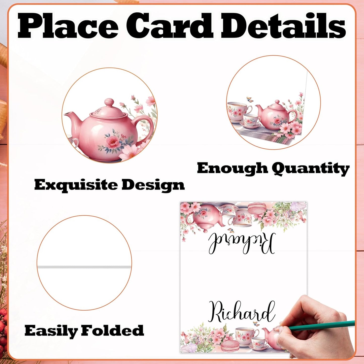 Tea Party Place Cards For Girls, Floral Teapot Name Card For Table Setting, Spring Holiday Favors Supplies, Flowers Tent Cards Decor For Bridal Shower Wedding Wonderland Tea Party, 25 Pack -07