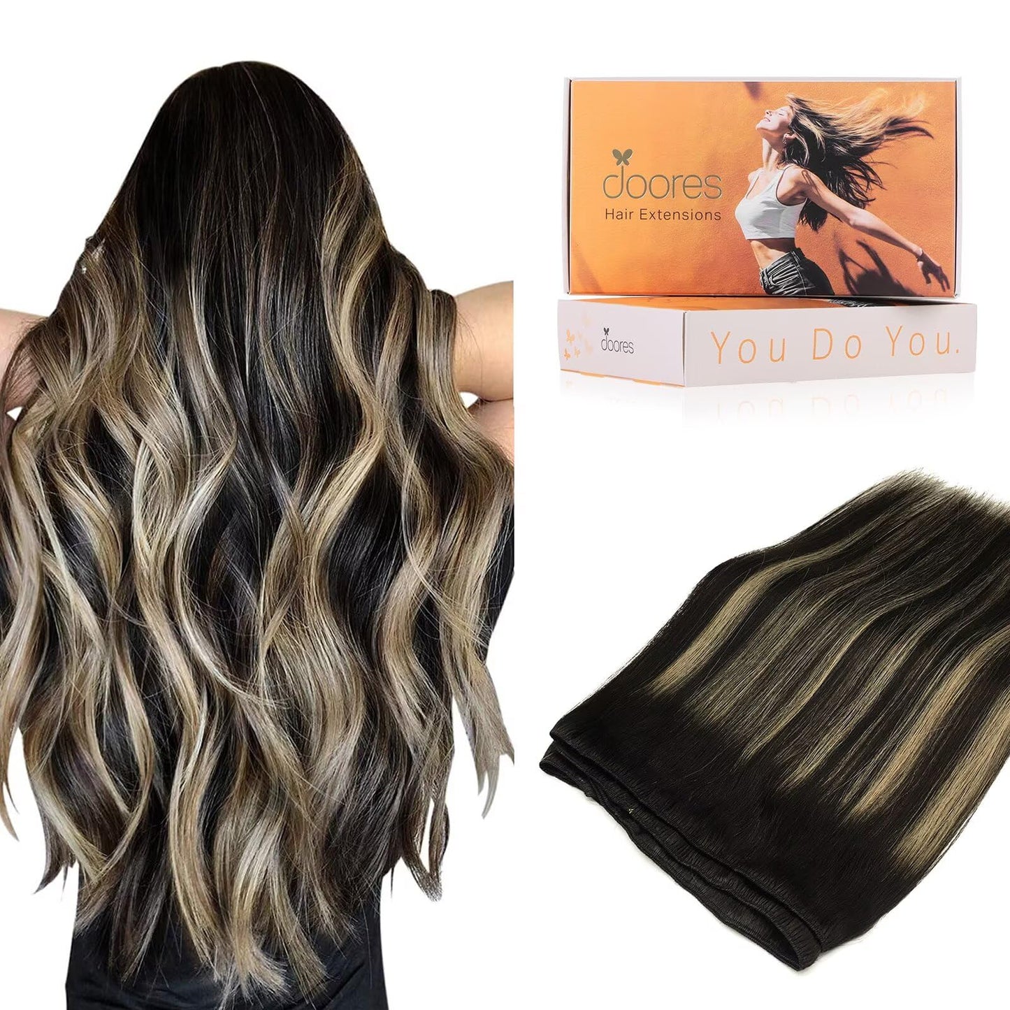 DOORES Real Human Hair Extensions, Balayage Natural Black to Light Blonde 22 Inch 110g, Sew In Weft, Long Straight Style for Wom