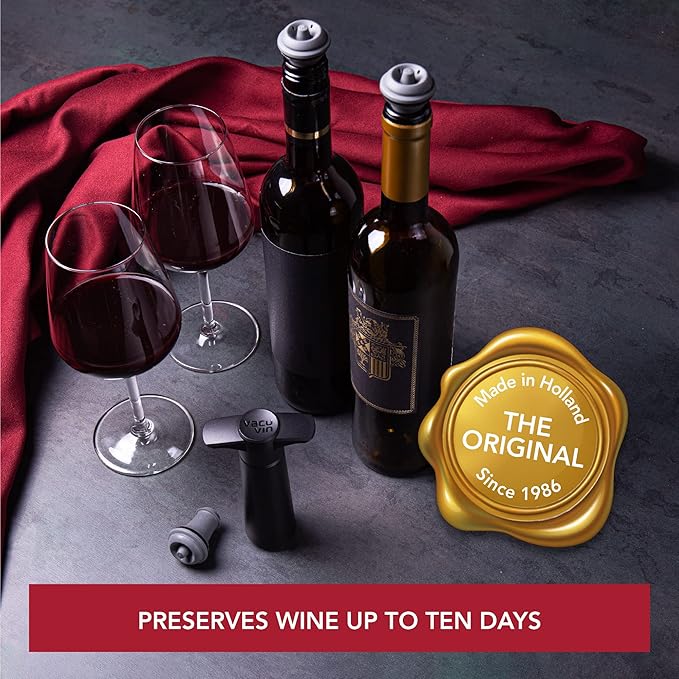 Vacu Vin Wine Saver Pump Grey with Vacuum Wine Stopper - Keep Your Wine Fresh for up to 10 Days - 1 Pump 2 Stoppers - Reusable - Made in the Netherlands