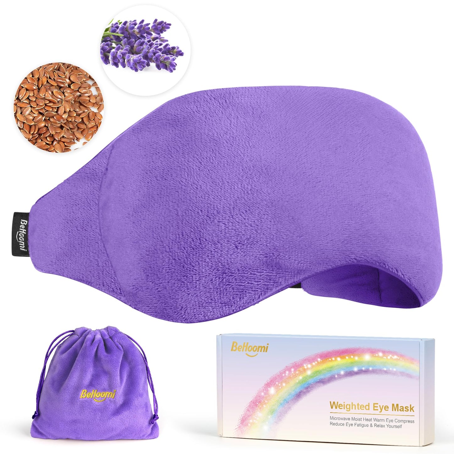 BeHoomi Weighted Eye Mask for Sleeping, Soft Heated Eye Mask, Moist Heat Warm Compress for Eyes, Natural Lavender & Flaxseeds Microwave Reusable Sleep Mask, Must Haves for Women Spa, Home, Office