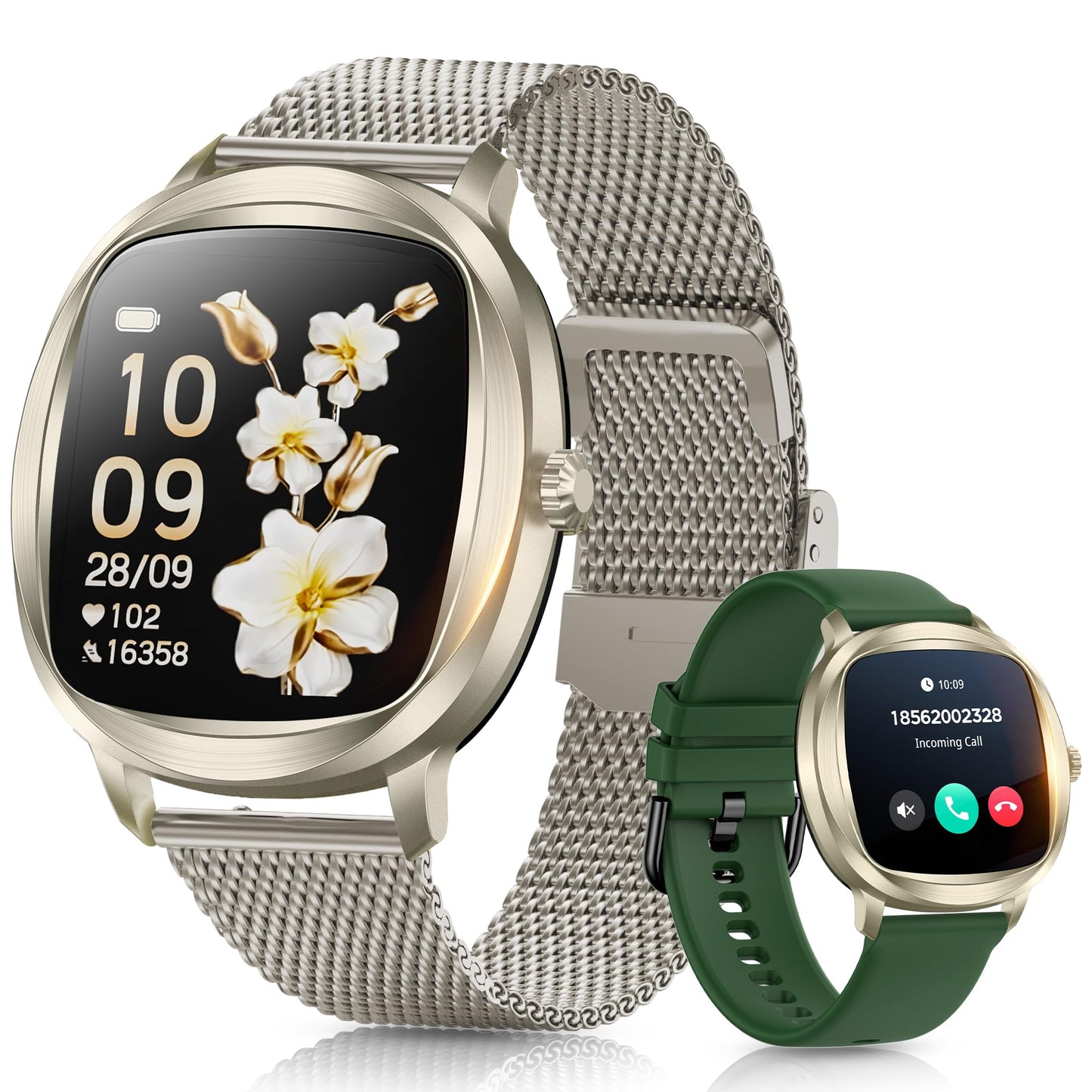Women's Smart Bracelet/Smart Watch, 1.72-inch Display, IP68 Waterproof Sport Bracelet, One-Touch Bluetooth Calling, Fitness Tracker with Health Monitor (Champagne Gold)