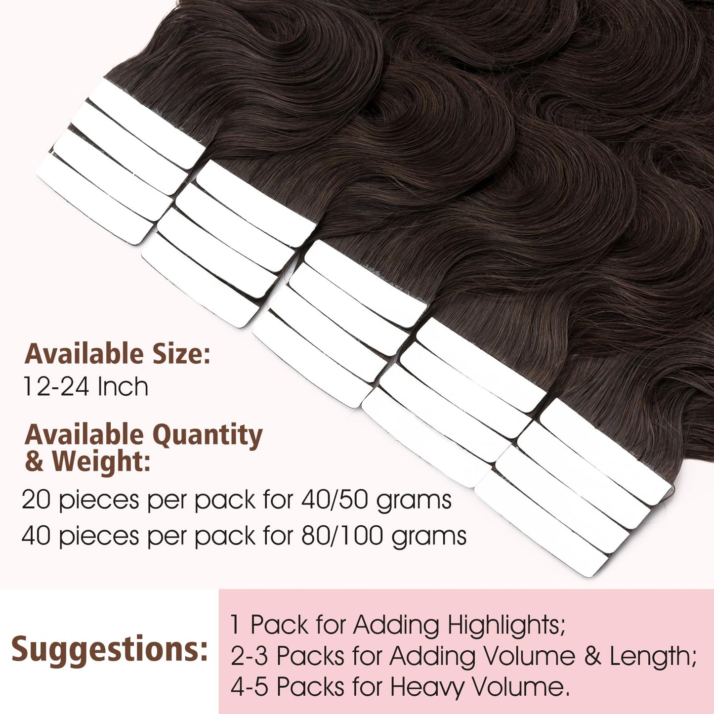 Hairro Tape in Human Hair Extensions Body Wave 24 Inch 20pcs 50g Highlight Long Wavy Seamless Skin Weft Glue in Human Hairpieces