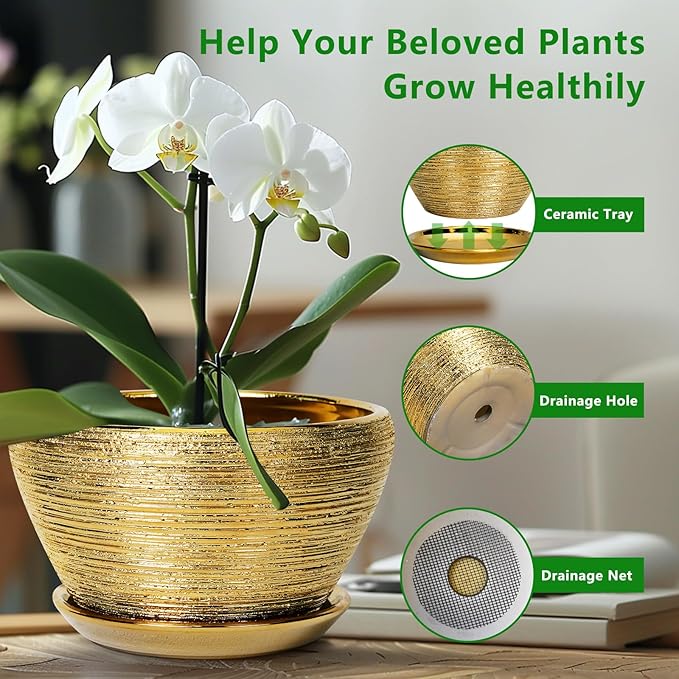 Ceramic Planter 13 Inch - Indoor Plant Pot with Drainage Hole and Saucer Large Ceramic Pot for Plants Mid-Century Decorative Modern Outdoor Flower Pot for Home Decor Gold