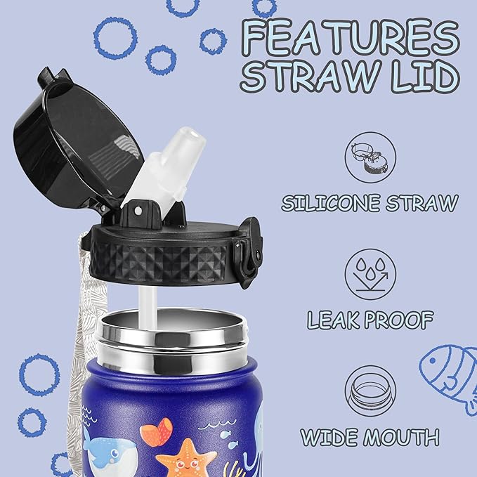 GOPPUS Kids Water Bottle (Straw Lid) - 14 Oz Stainless Steel Travel Bottle, Double Wall Vacuum Leak Proof Kids Cup for School Boys Girls,Under the Sea