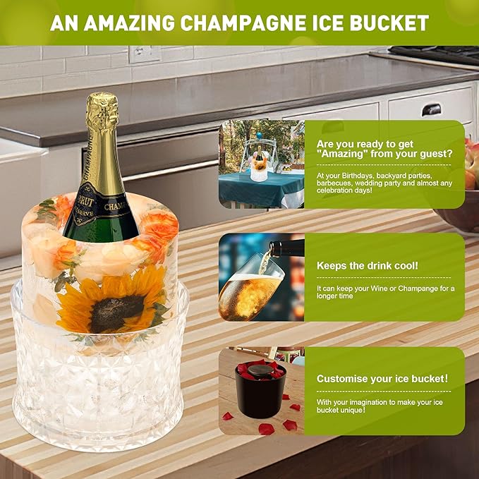 Ice Bucket Mold,Ice Mold Wine Bottle Chiller,Champagne Ice Bucket Floral DIY Ice Mold for Champagne,Wine,Cocktails/Holiday Bar Any Celebration Party Wedding Christmas and Thanksgiving