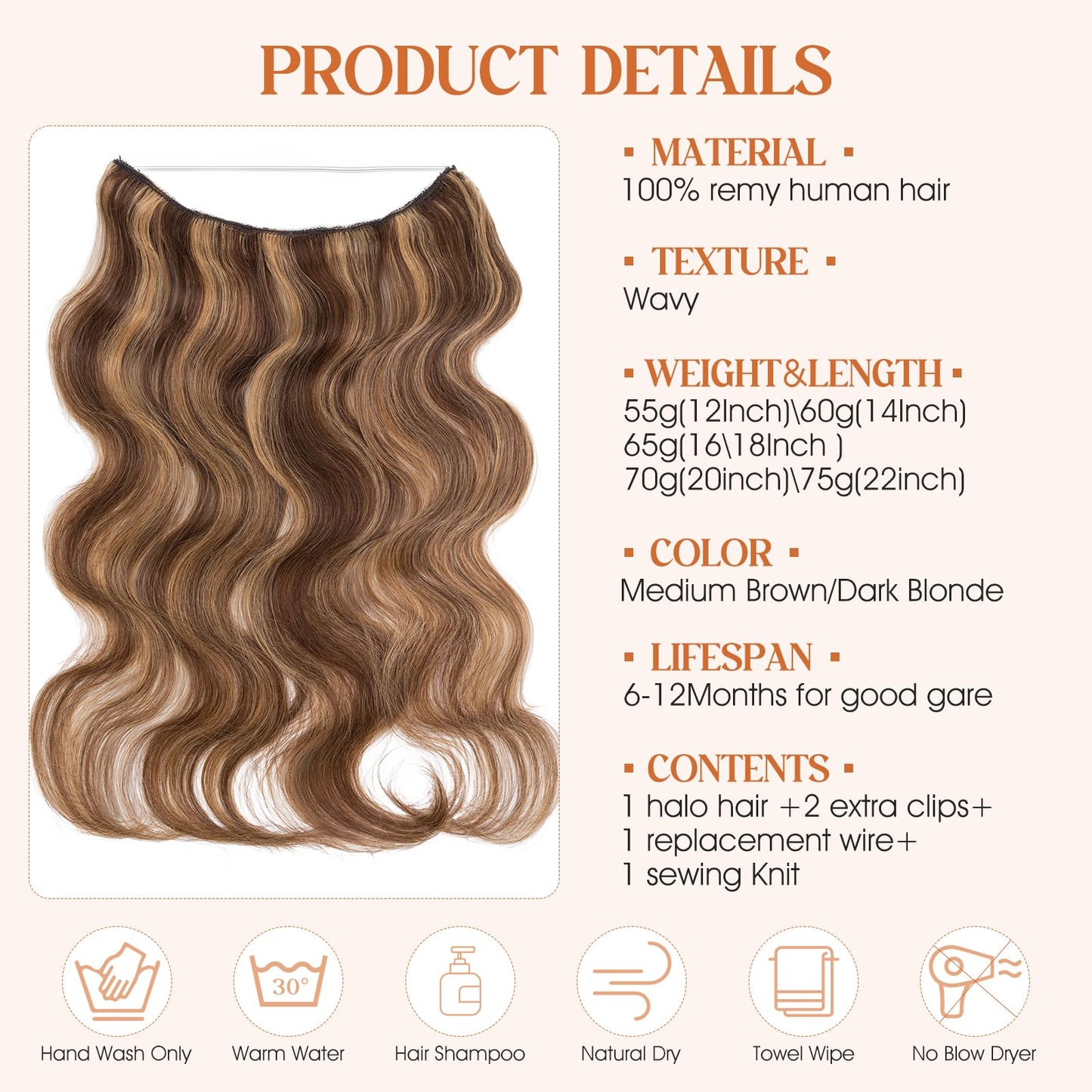 S-noilite Halo Hair Extensions Real Human Hair 12inch Short Wavy Halo Hair Extensions for Women Adjustable WireHair Extensions M