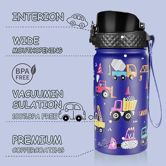 GOPPUS Kids Water Bottle (Straw Lid) - 14 Oz Stainless Steel Travel Bottle, Double Wall Vacuum Leak Proof Kids Cup for School Boys Girls,Blue engineering car