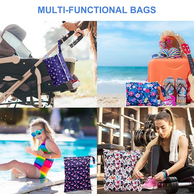 FLOCK THREE 4pcs Waterproof Wet Bag Reusable for Wet Clothes Baby Diapers Stroller Swimsuit Travel Reusable toiletries Pouch Small and Larger Electronics case 4 Pack (Flower Fantasy)
