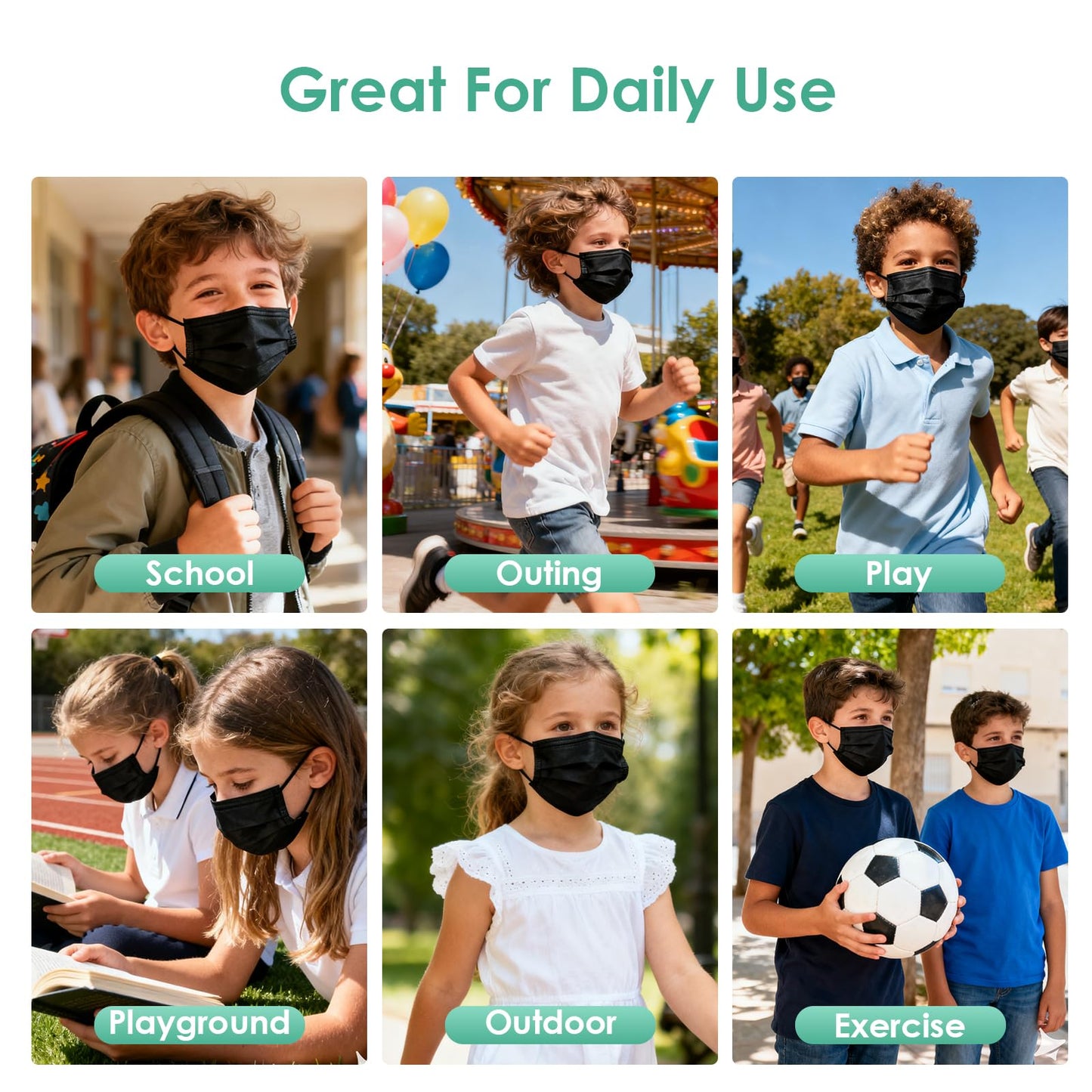 NNPCBT Kids Face Mask Disposable Black 100 PCS 3 Ply Children Boys Girls Face Masks with Earloops