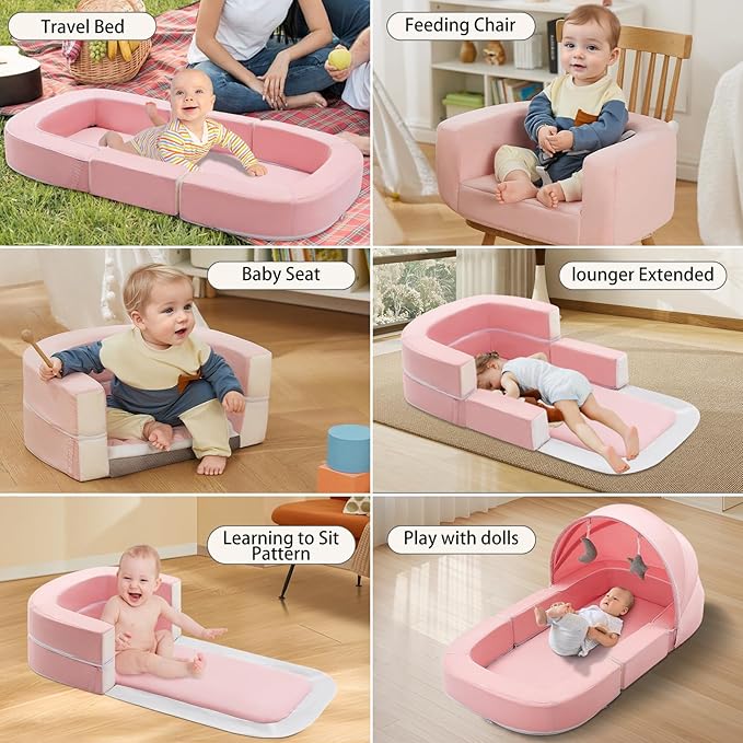 Todldler Baby Travel Bassinet Bed & Chair, Fold Out Sofa Couch Lounger with 2-1 Mosquito & Canopy, Foldable Portable Travel Cot with Foam Raised Safety Bumpers for Infant Toddlers 0-36 Months (Pink)