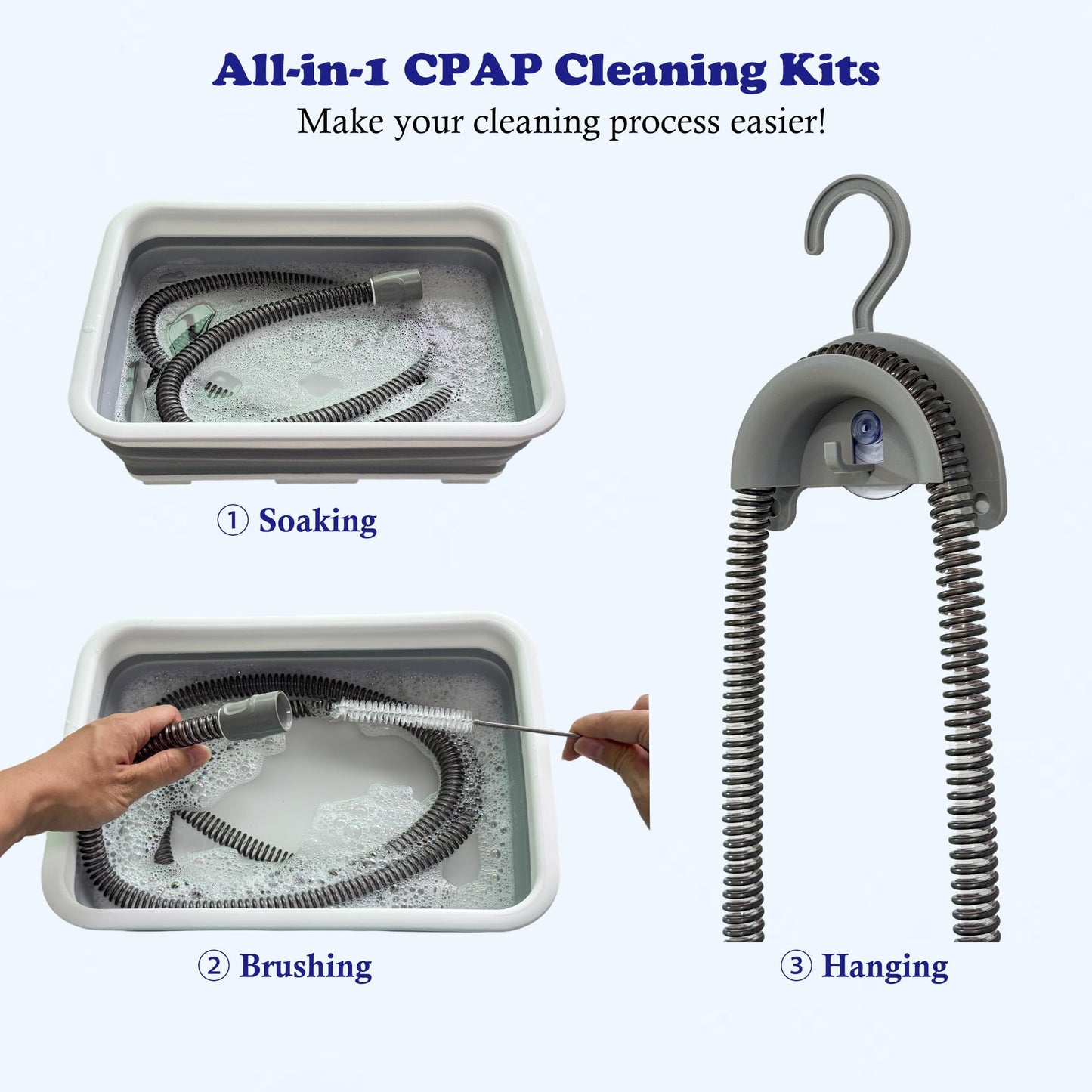 Lemintae CPAP Cleaning Kits with Tube and Mask Brush, Collapsible Wash Basin & Hose Hanger - CPAP Hose Cleaner Supplies to Make Cpap Accessories Cleaning, Drying, Storing Easier