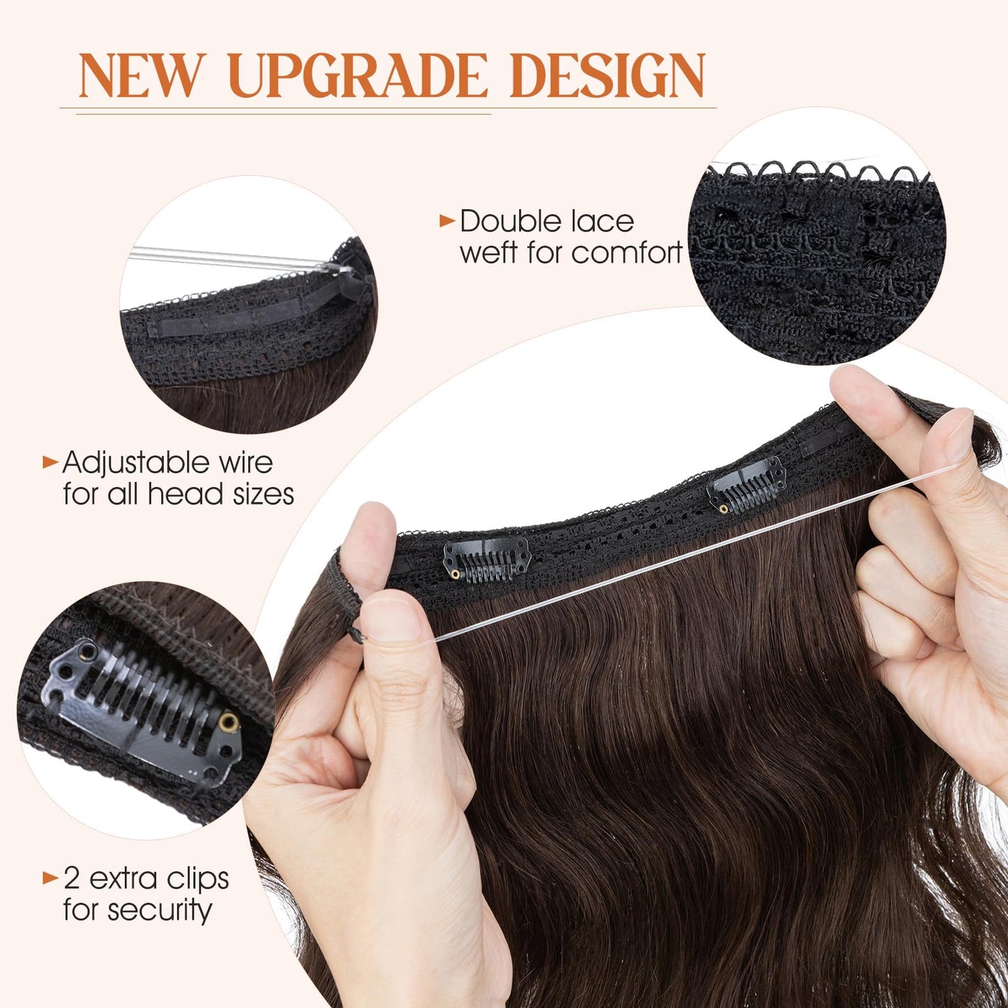 S-noilite Wavy Halo Hair Extensions Real Human Hair,20Inch Invisible Wire Hair Extensions,2 Clips Halo Extensions for Women(Dark