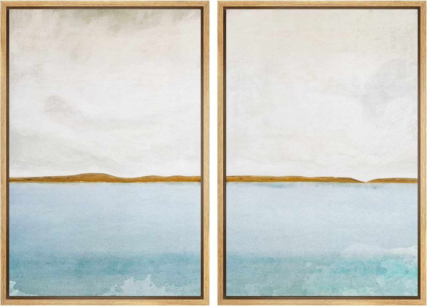 SIGNWIN Framed Canvas Print Wall Art Set Gold Blue Ocean Sea Beach Landscape Nature Wilderness Illustrations Modern Art Decorative Rustic Chic for Living Room, Bedroom, Office - 24"x36"x2 Natural