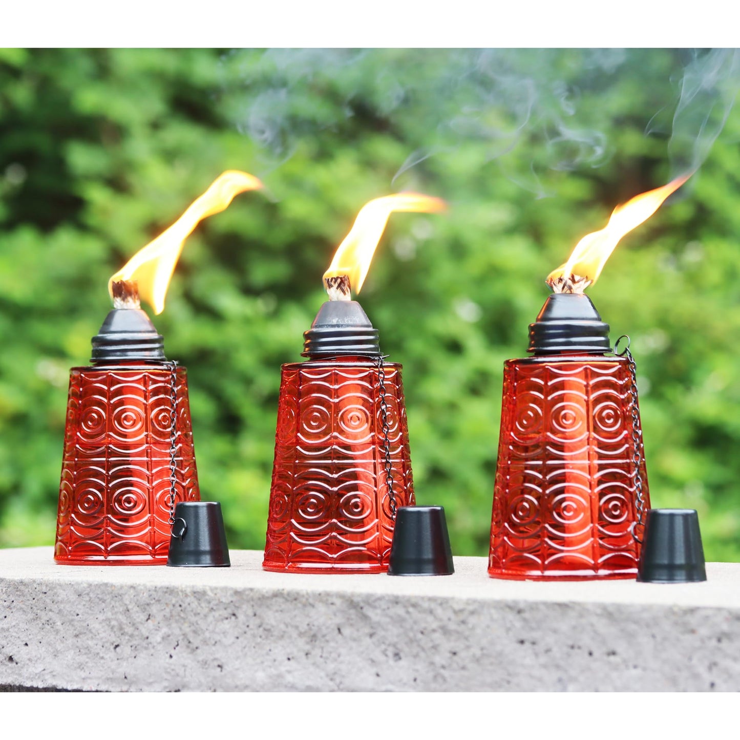 Seraphic Citronella Table Top Torches, 16oz Glass Candles, Set of 3, Red, Outdoor Patio, Mosquito Repellent