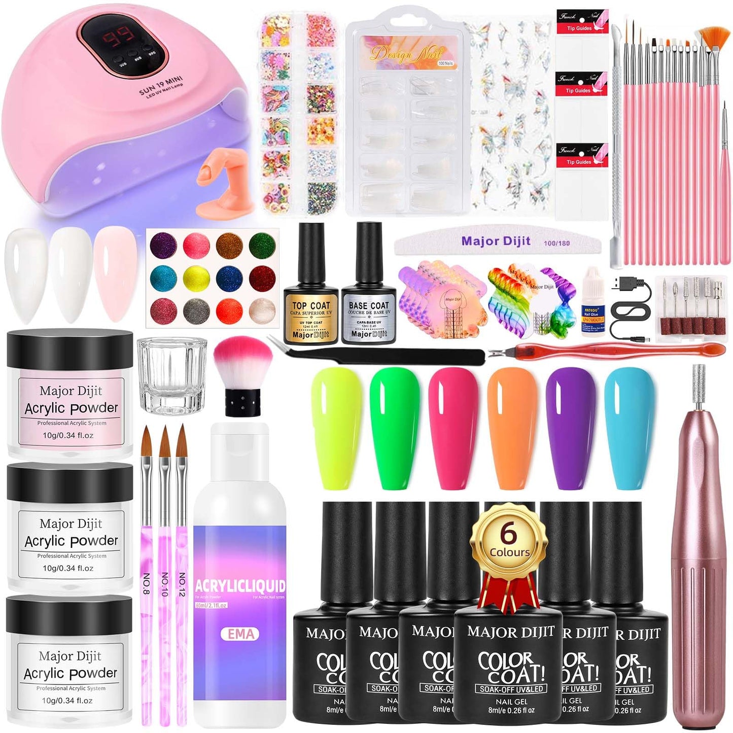 Major Dijit Acrylic Nail Kit with Drill and UV LED Lamp - Starter Set with White Pink Clear Acrylic Powder, 6 Macaron Gel Polish
