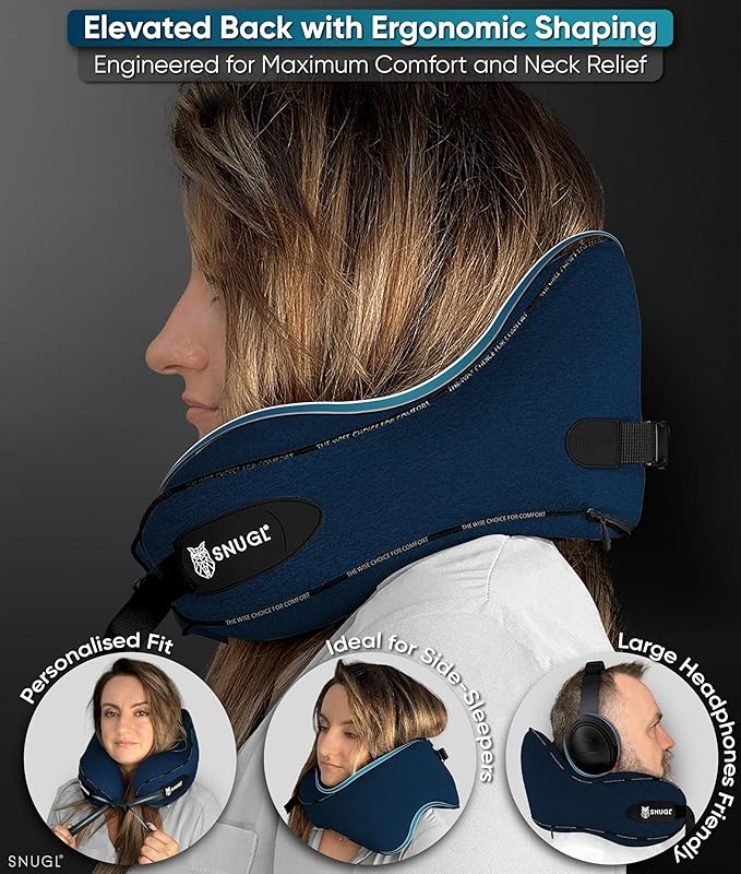 SNUGL Neck Travel Pillow - Memory Foam Airplane Pillow - Flight Pillow | Neck Support Travel Pillow with Carry Bag & Clip | Neck Pillows for Sleeping Travel Plane | Flying Travel Essentials - Navy