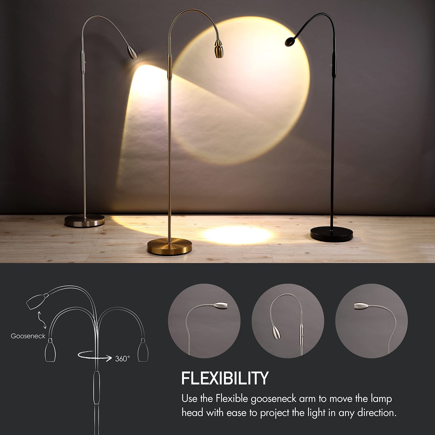 OBright Adjustable LED Floor Lamp, Dimmable, Zoomable, Gooseneck, Brushed Nickel, Model OB-FL15M
