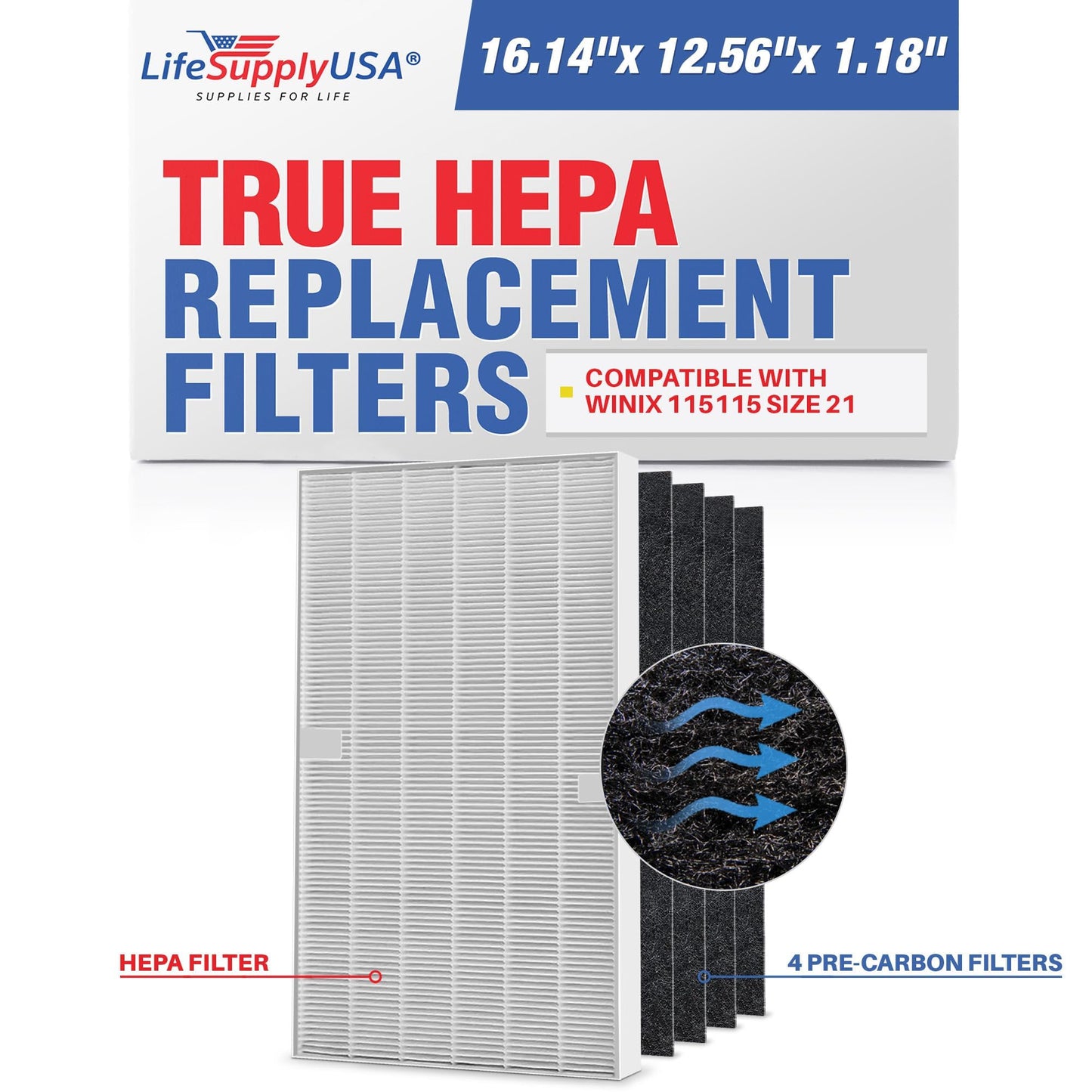 115115 Hepa Filter A Replacement + 4 Carbon Pre-Filters For C535, 5300, 5300-2, 5500, 5500-2, 6300, 6300-2, P300, Am90, C909, 98