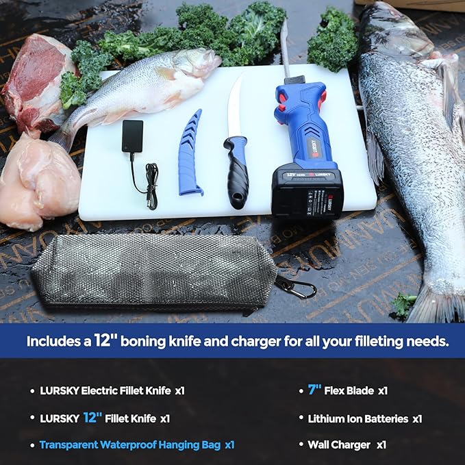 Electric Fillet Knife Cordless Rechargeable for Fishing, with Stainless Steel Blades, 12V High Torque Motor, 2.0Ah Battery, 12" Boning Tool, Includes Charger, Ideal for Filleting & Outdoor Use