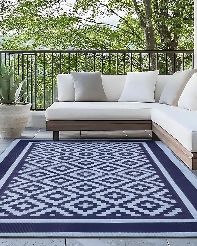 Kohree Outdoor Rug Waterproof 6x9 ft, RV Outdoor Plastic Straw Rug for Patios Clearance,Reversible Area Rug for Camping,Balcony,Deck,Blue