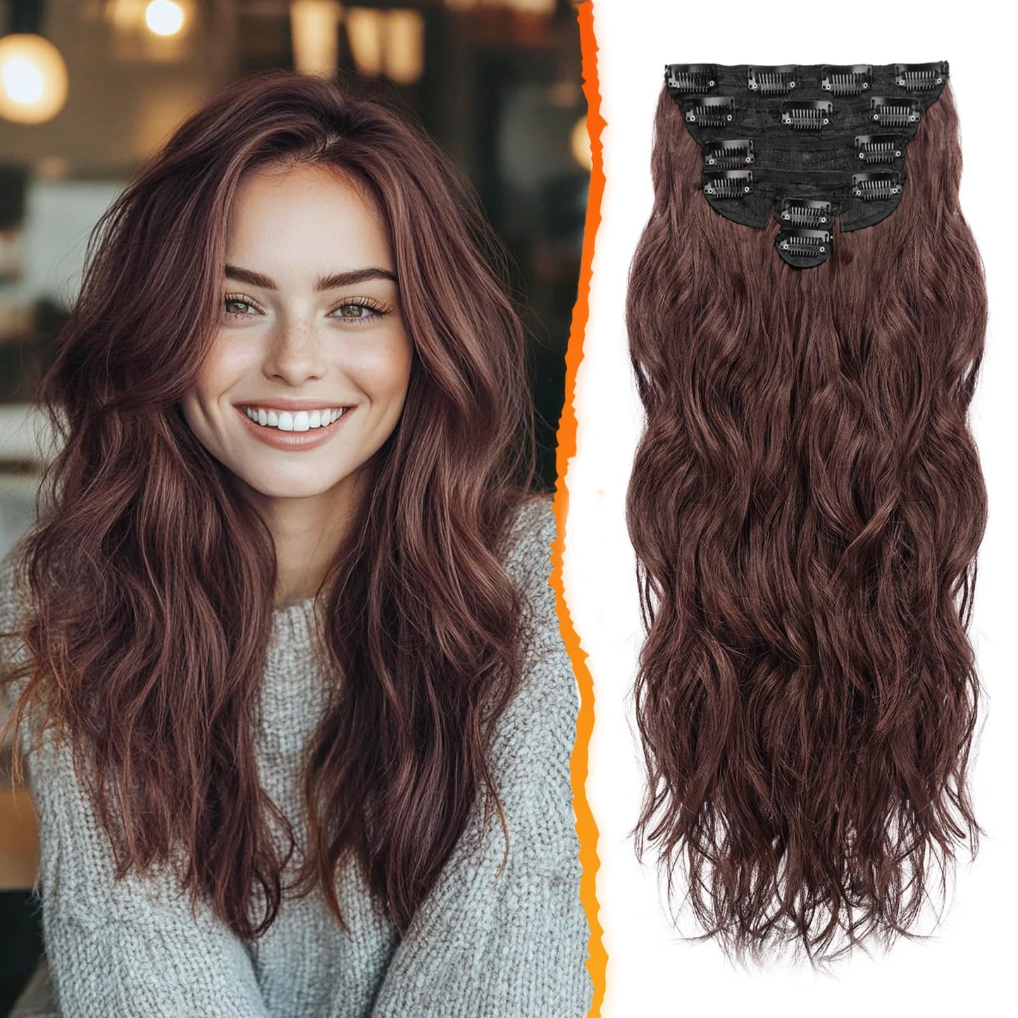 BARSDAR Brown Clip in Hair Extensions - 20 Inch Wavy Clip in Hair Extensions for Women - 6PCs Soft Thick Synthetic Chestnut Hair