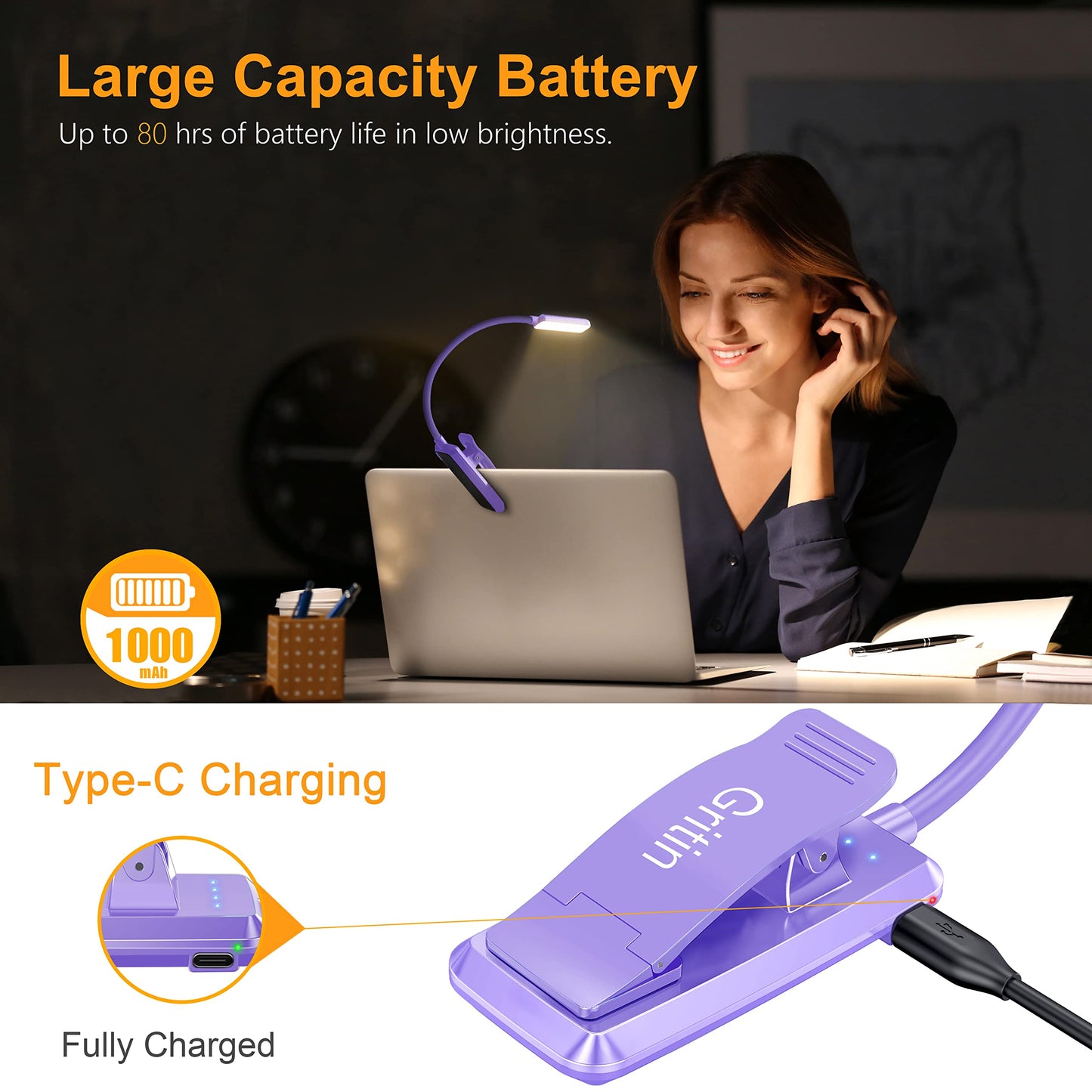 Gritin 9 LED Rechargeable Book Light - Stepless Dimming, 3 Color Temperatures, Clip On, Purple, Model G1330