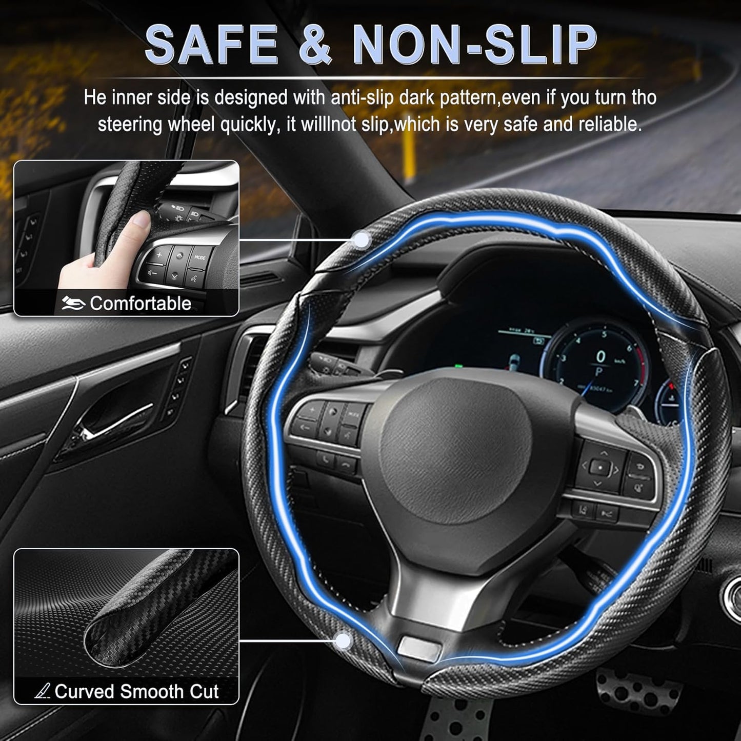 Amiss 3pcs Carbon Fiber Anti-Skid Steering Wheel Cover, Segmented & Butterfly Design, Universal 99% Car Wheel Cover Protector, Black