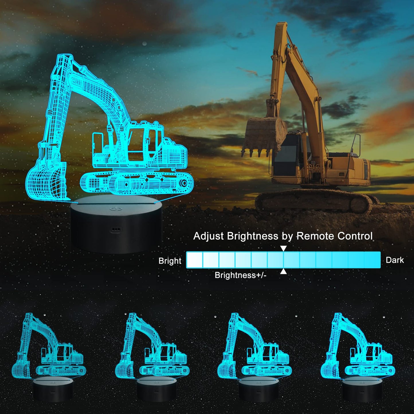 nite  nite Excavator 3D LED Lamp, Remote Control, Multicolor, Model FS-xxxyyy