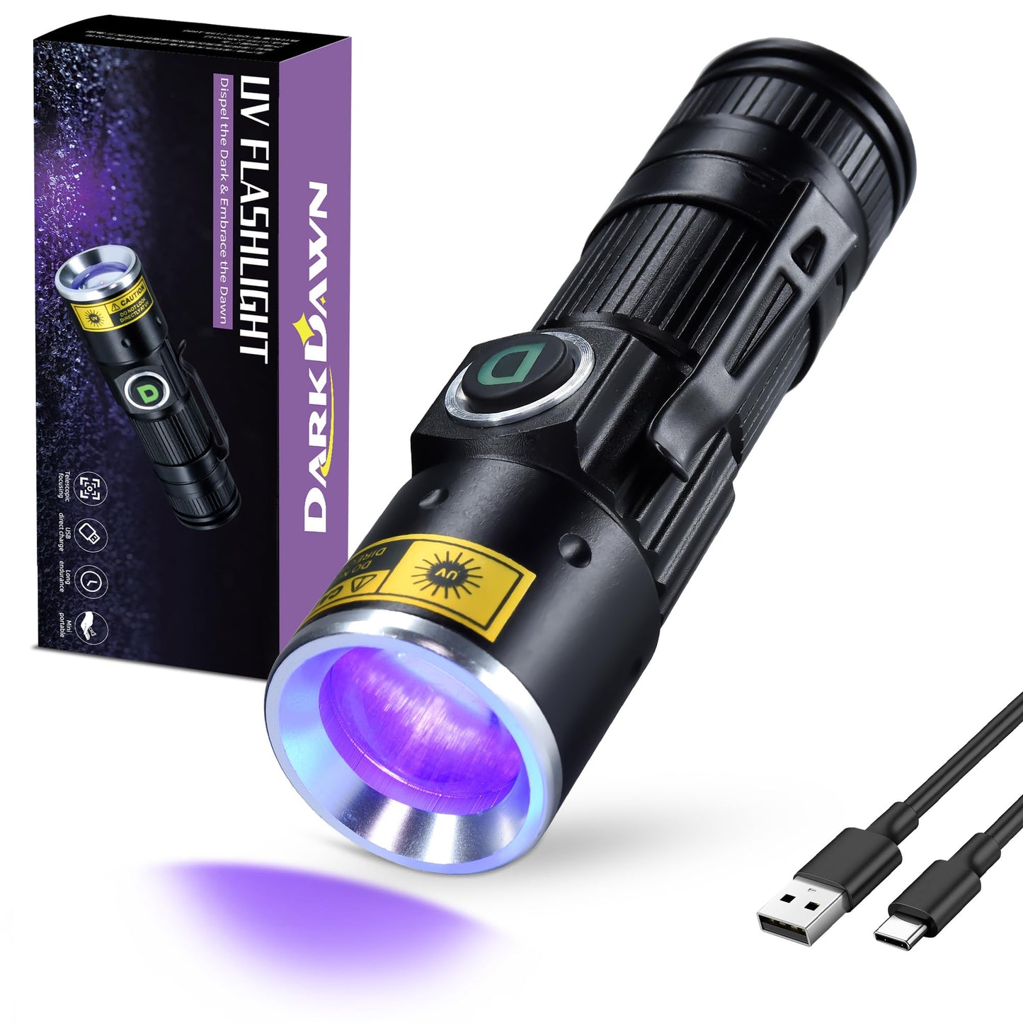 Darkdawn Uv 395Nm Flashlight - Usb Rechargeable Mini Blacklight, Aluminum, D15 Model, Ideal For Cat Urine Detection And Stain Identification
