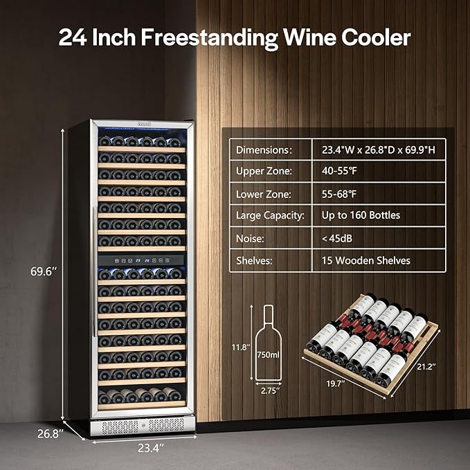 Empava 24 Inch Wine Fridge, 160 Bottle Large Capacity Wine Cooler Refrigerator, Wine Refrigerator Dual Zone with Professional Compressor - Quiet Operation, Built-in or Freestanding