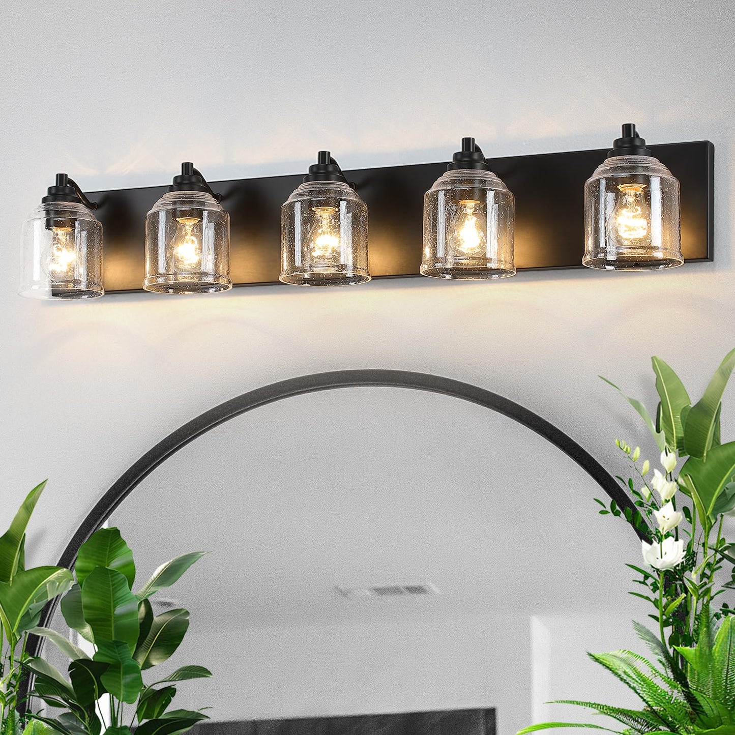 YKLITG Vanity Light 5-Light Black Metal Farmhouse Rustic 40in Bubble Glass Shades BD005 S